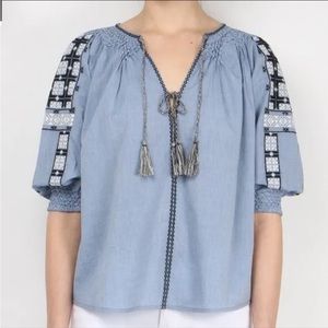 Ulla Johnson Embroidered Blue Peasant Blouse With 3/4 Sleeve.